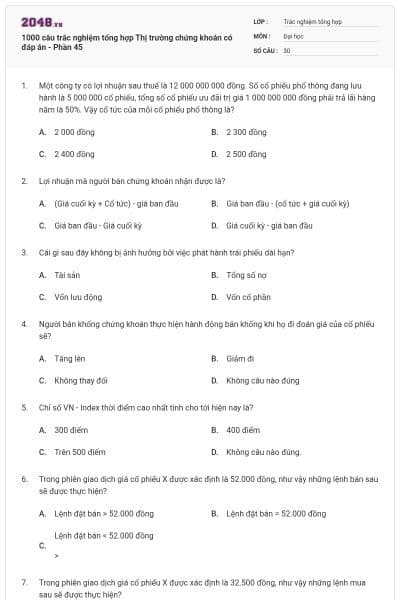 1000 câu trắc nghiệm tổng hợp Thị trường chứng khoán có đáp án - Phần 45