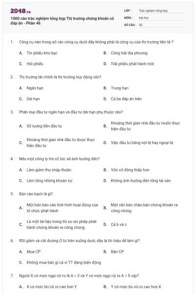 1000 câu trắc nghiệm tổng hợp Thị trường chứng khoán có đáp án - Phần 46