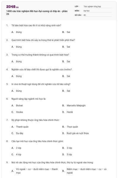 1400 câu trắc nghiệm Mô học đại cương có đáp án - phần 26