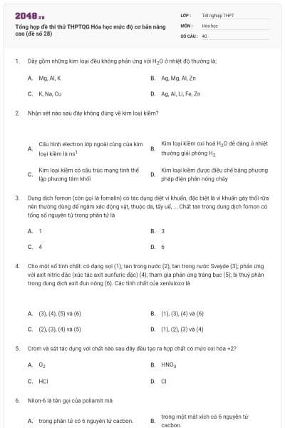 Tổng hợp đề thi thử THPTQG Hóa học mức độ cơ bản nâng cao (đề số 28)