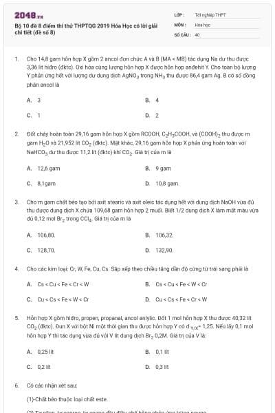 Bộ 10 đề 8 điểm thi thử THPTQG 2019 Hóa Học có lời giải chi tiết (đề số 8)
