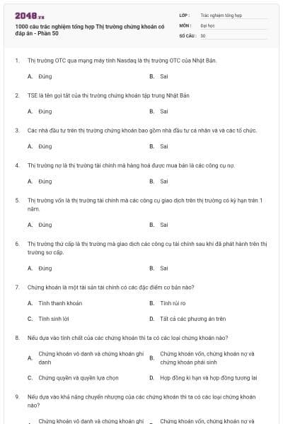 1000 câu trắc nghiệm tổng hợp Thị trường chứng khoán có đáp án - Phần 50