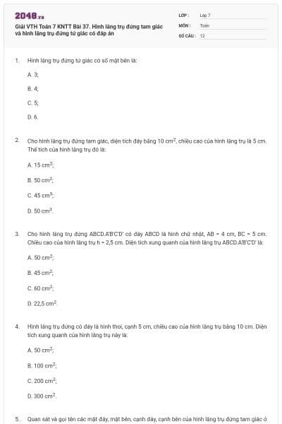 Giải VTH Toán 7 KNTT Bài 37. Hình lăng trụ đứng tam giác và hình lăng trụ đứng tứ giác có đáp án