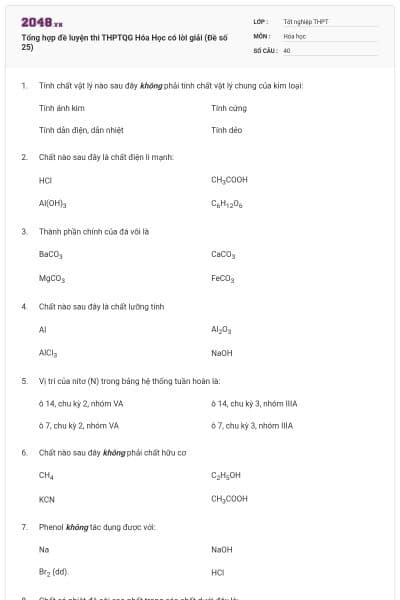 Tổng hợp đề luyện thi THPTQG Hóa Học có lời giải (Đề số 25)