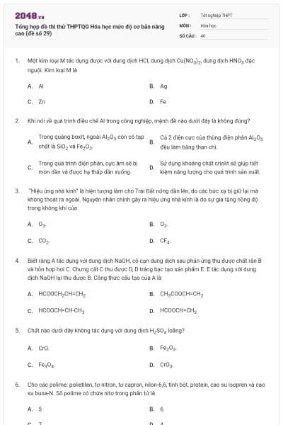 Tổng hợp đề thi thử THPTQG Hóa học mức độ cơ bản nâng cao (đề số 29)