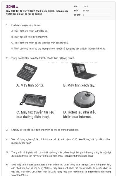 Giải SBT Tin 10 KNTT Bài 2. Vai trò của thiết bị thông minh và tin học đối với xã hội có đáp án