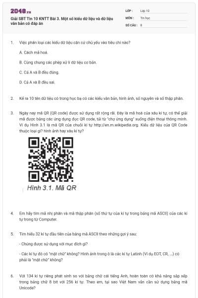 Giải SBT Tin 10 KNTT Bài 3. Một số kiểu dữ liệu và dữ liệu văn bản có đáp án