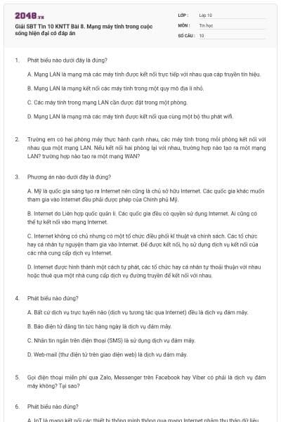 Giải SBT Tin 10 KNTT Bài 8. Mạng máy tính trong cuộc sống hiện đại có đáp án