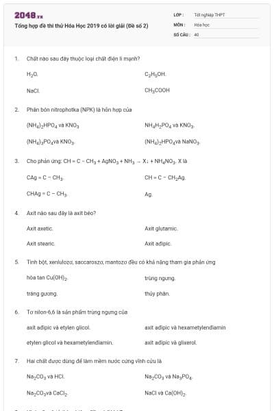 Tổng hợp đề thi thử Hóa Học 2019 có lời giải (Đề số 2)
