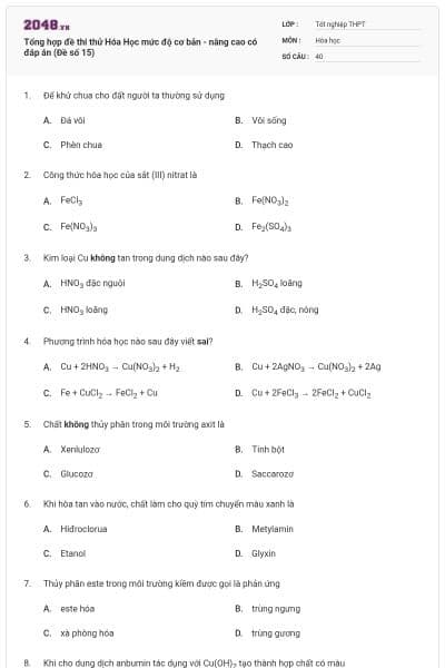 Tổng hợp đề thi thử Hóa Học mức độ cơ bản - nâng cao có đáp án (Đề số 15)