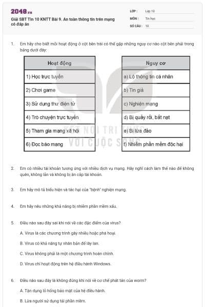 Giải SBT Tin 10 KNTT Bài 9. An toàn thông tin trên mạng có đáp án