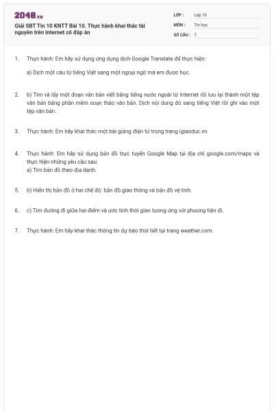 Giải SBT Tin 10 KNTT Bài 10. Thực hành khai thác tài nguyên trên internet có đáp án