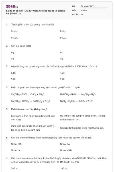 Bộ đề ôn thi THPTQG 2019 Hóa học cực hay có lời giải chi tiết (Đề số 21)