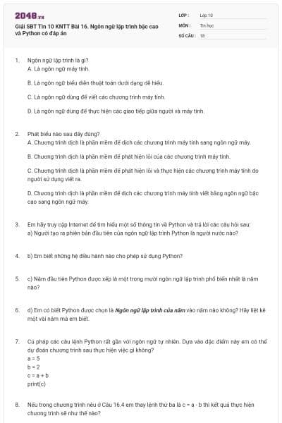 Giải SBT Tin 10 KNTT Bài 16. Ngôn ngữ lập trình bậc cao và Python có đáp án
