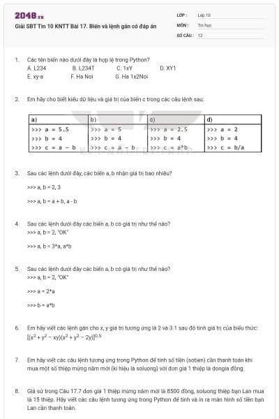 Giải SBT Tin 10 KNTT Bài 17. Biến và lệnh gán có đáp án