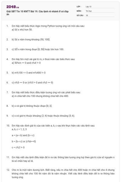 Giải SBT Tin 10 KNTT Bài 19. Câu lệnh rẽ nhánh If có đáp án