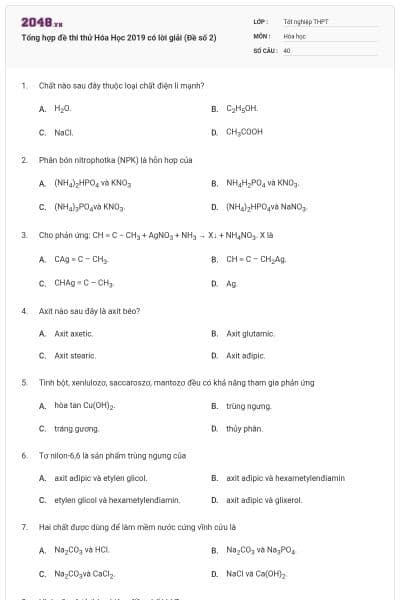 Tổng hợp đề thi thử Hóa Học 2019 có lời giải (Đề số 2)