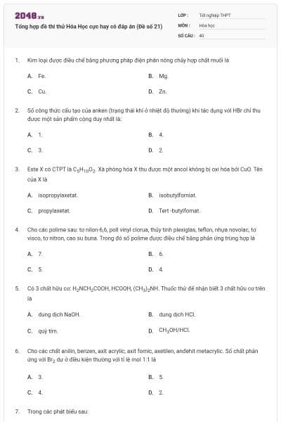 Tổng hợp đề thi thử Hóa Học cực hay có đáp án (Đề số 21)
