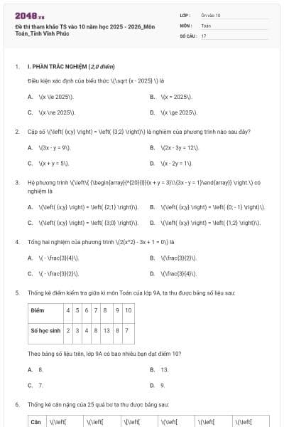 Đề thi tham khảo TS vào 10 năm học 2025 - 2026_Môn Toán_Tỉnh Vĩnh Phúc