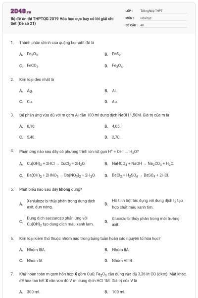 Bộ đề ôn thi THPTQG 2019 Hóa học cực hay có lời giải chi tiết (Đề số 21)