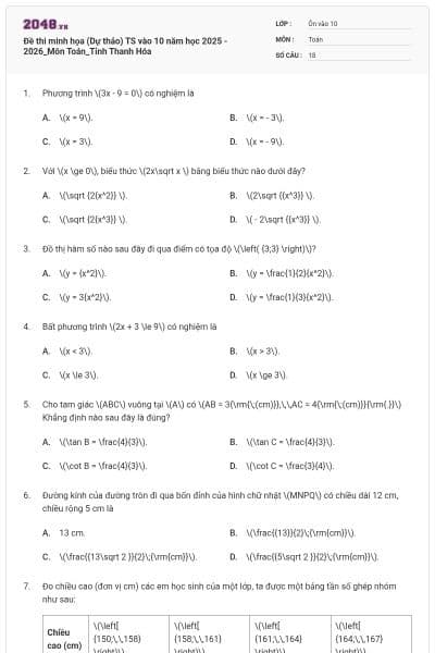 Đề thi minh họa (Dự thảo) TS vào 10 năm học 2025 - 2026_Môn Toán_Tỉnh Thanh Hóa