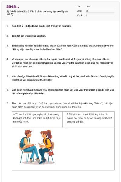 Bộ 10 đề thi cuối kì 2 Văn 9 chân trời sáng tạo có đáp án (Đề 3)