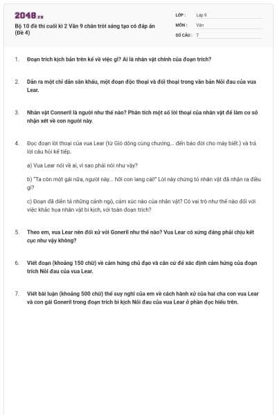 Bộ 10 đề thi cuối kì 2 Văn 9 chân trời sáng tạo có đáp án (Đề 4)