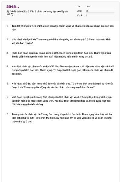 Bộ 10 đề thi cuối kì 2 Văn 9 chân trời sáng tạo có đáp án (Đề 5)
