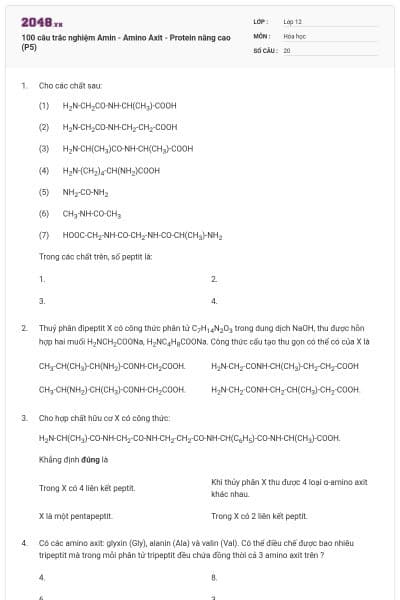 100 câu trắc nghiệm Amin - Amino Axit - Protein nâng cao (P5)
