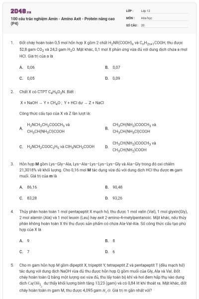 100 câu trắc nghiệm Amin - Amino Axit - Protein nâng cao (P4)