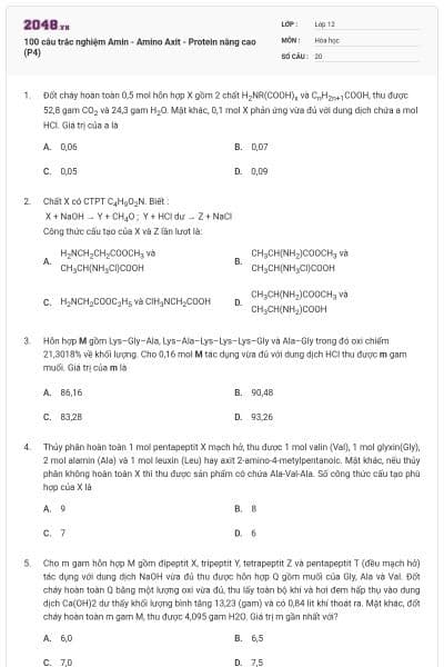 100 câu trắc nghiệm Amin - Amino Axit - Protein nâng cao (P4)