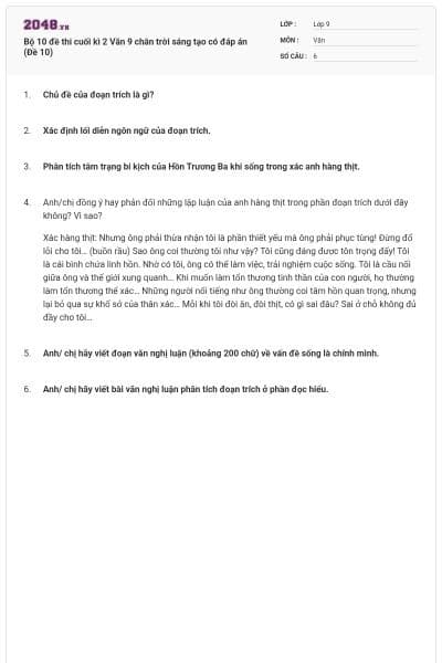 Bộ 10 đề thi cuối kì 2 Văn 9 chân trời sáng tạo có đáp án (Đề 10)