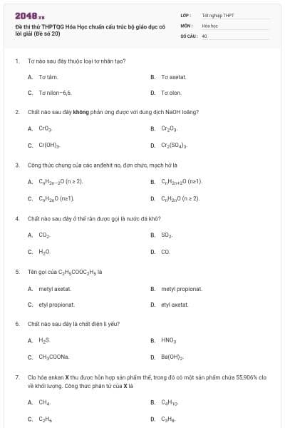 Đề thi thử THPTQG Hóa Học chuẩn cấu trúc bộ giáo dục có lời giải (Đề số 20)