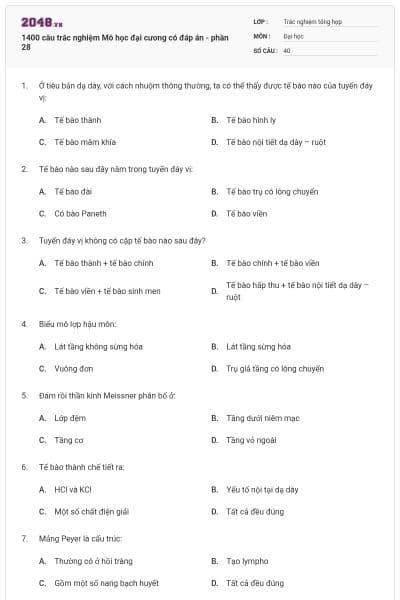 1400 câu trắc nghiệm Mô học đại cương có đáp án - phần 28