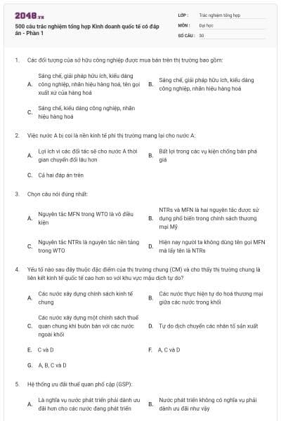 500 câu trắc nghiệm tổng hợp Kinh doanh quốc tế có đáp án - Phần 1