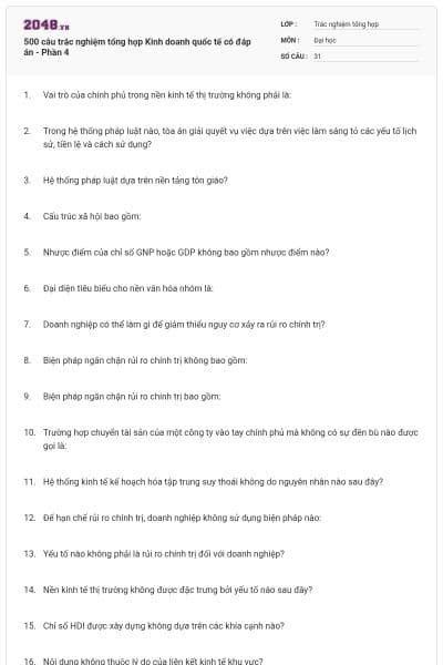 500 câu trắc nghiệm tổng hợp Kinh doanh quốc tế có đáp án - Phần 4
