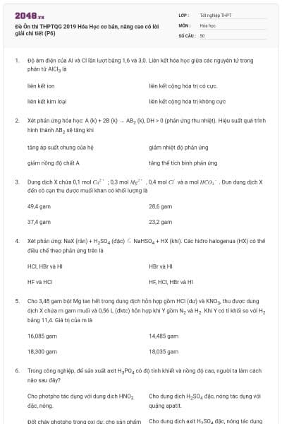 Đề Ôn thi THPTQG 2019 Hóa Học cơ bản, nâng cao có lời giải chi tiết (P6)