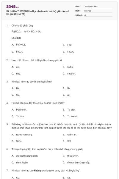 Đề thi thử THPTQG Hóa Học chuẩn cấu trúc bộ giáo dục có lời giải (Đề số 21)