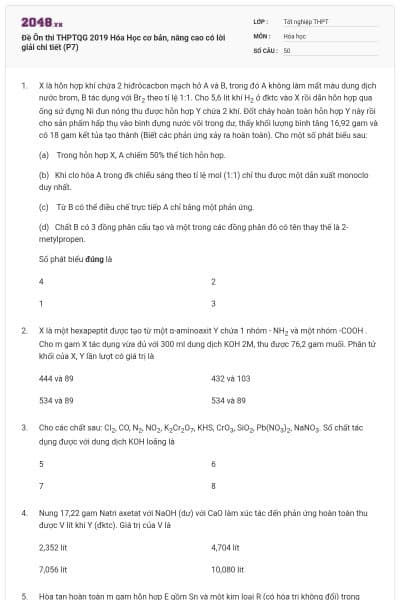 Đề Ôn thi THPTQG 2019 Hóa Học cơ bản, nâng cao có lời giải chi tiết (P7)