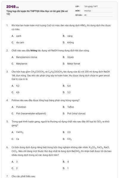 Tổng hợp đề luyện thi THPTQG Hóa Học có lời giải (Đề số 12)