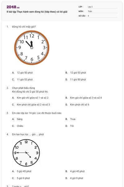 8 bài tập Thực hành xem đồng hồ (tiếp theo) có lời giải