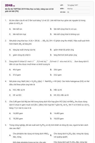 Đề Ôn thi THPTQG 2019 Hóa Học cơ bản, nâng cao có lời giải chi tiết (P6)