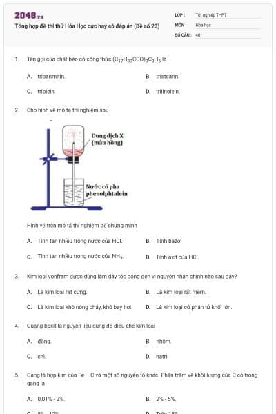 Tổng hợp đề thi thử Hóa Học cực hay có đáp án (Đề số 23)