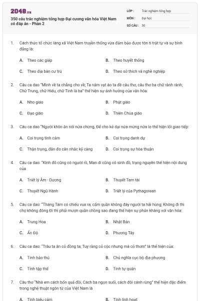 350 câu trắc nghiệm tổng hợp Đại cương văn hóa Việt Nam có đáp án - Phần 2