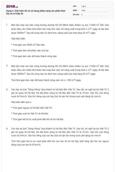 Dạng 4. Giải toán đố có sử dụng phép cộng các phân thức đại số có đáp án