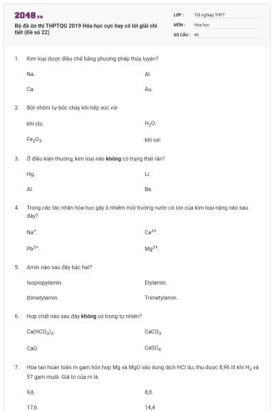Bộ đề ôn thi THPTQG 2019 Hóa học cực hay có lời giải chi tiết (Đề số 22)