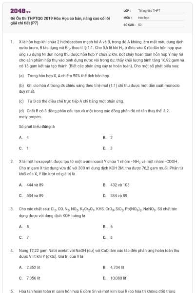 Đề Ôn thi THPTQG 2019 Hóa Học cơ bản, nâng cao có lời giải chi tiết (P7)