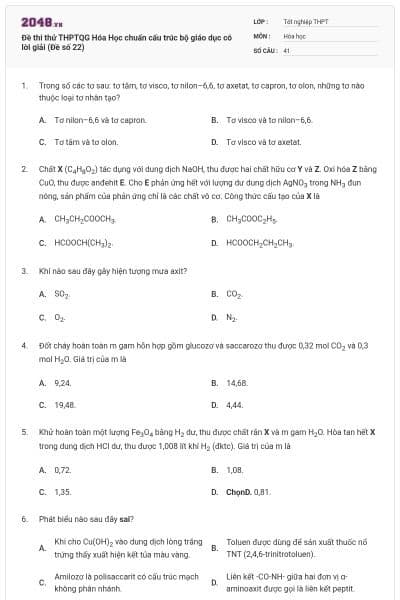 Đề thi thử THPTQG Hóa Học chuẩn cấu trúc bộ giáo dục có lời giải (Đề số 22)