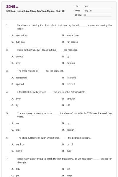5000 câu trắc nghiệm Tiếng Anh 9 có đáp án - Phần 90