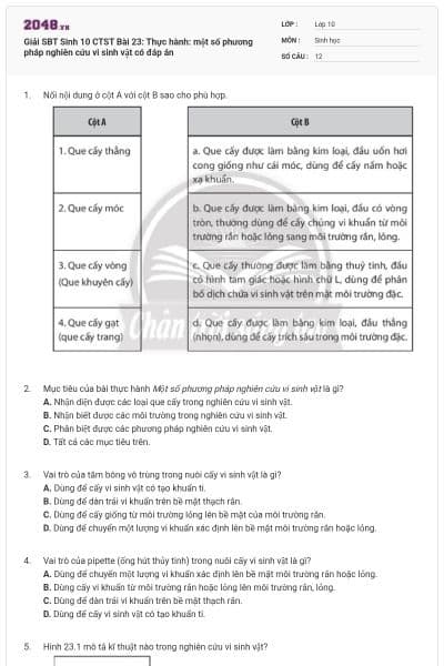 Giải SBT Sinh 10 CTST Bài 23: Thực hành: một số phương pháp nghiên cứu vi sinh vật có đáp án